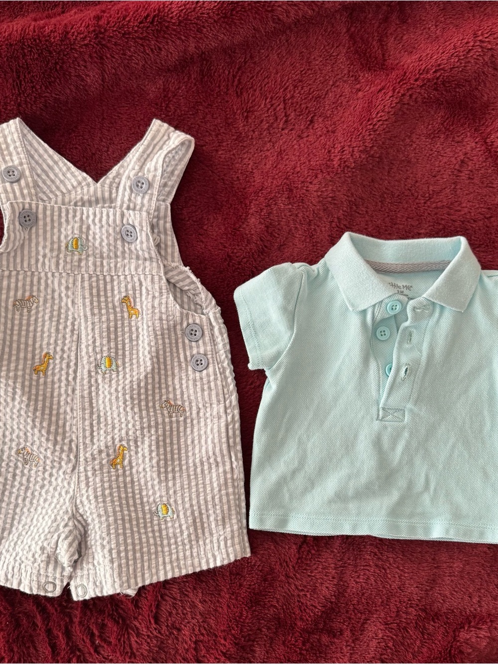 Little Me Baby Light Blue Polo and Striped Embroidered Overalls Set